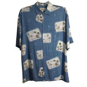 Campia Moda Men's Hawaiian‎ Shirt L Blue Islands Trees Pineapples 100% Rayon